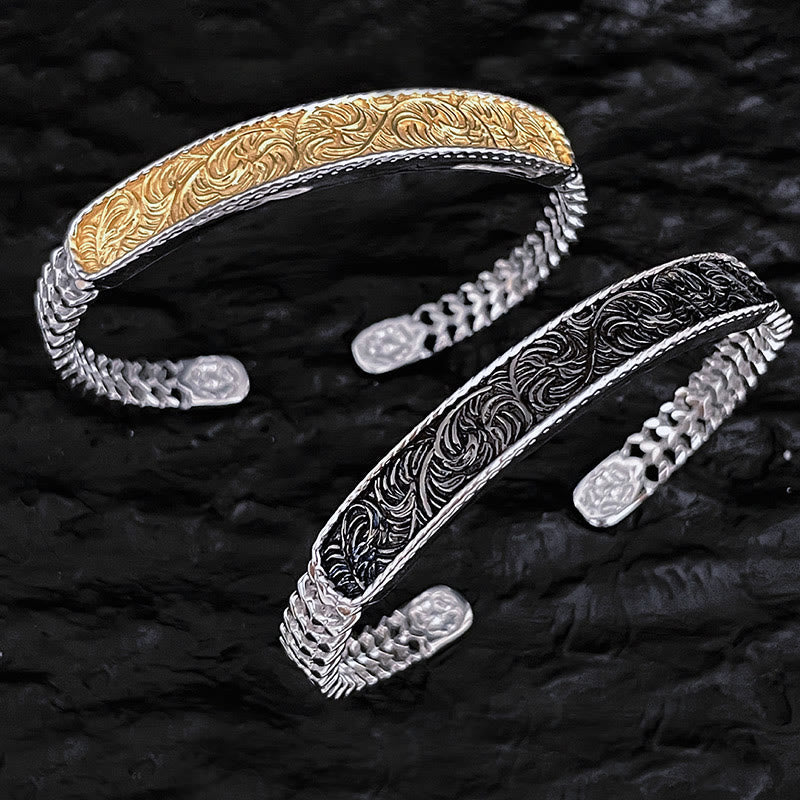 KarmaRipple's Tang Dynasty Flower Design Engraved Bronze Fortune Cuff Bracelet Bangle Adjustable Ring p7