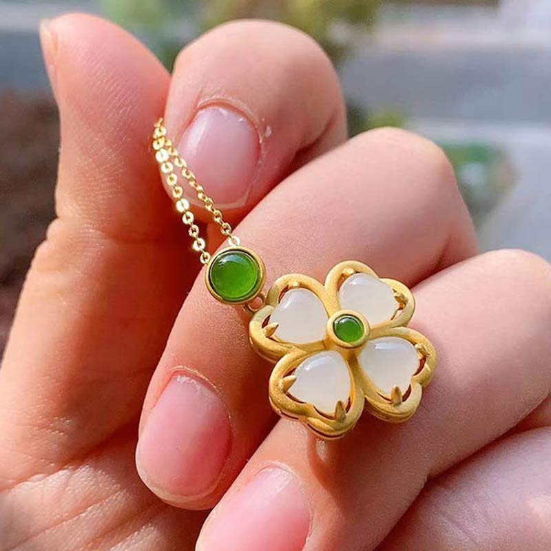 KarmaRipple's 925 Sterling Silver Fortunate Four Leaf Clover Jade Prosperity Pendant Chain Necklace p3