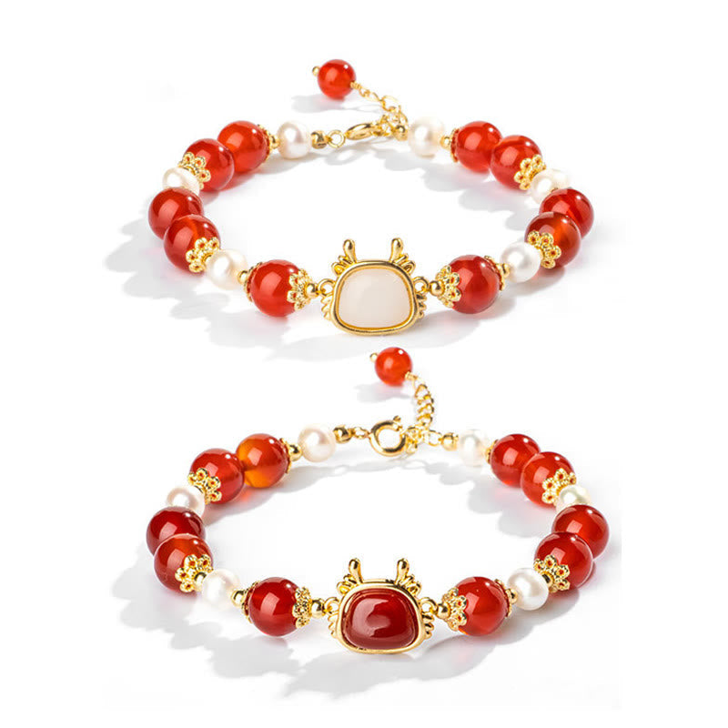KarmaRipple's 14K Gold Plated Year Of The Dragon Authentic Red Agate Pearl Protection Fu Character Chain Bracelet ( p3