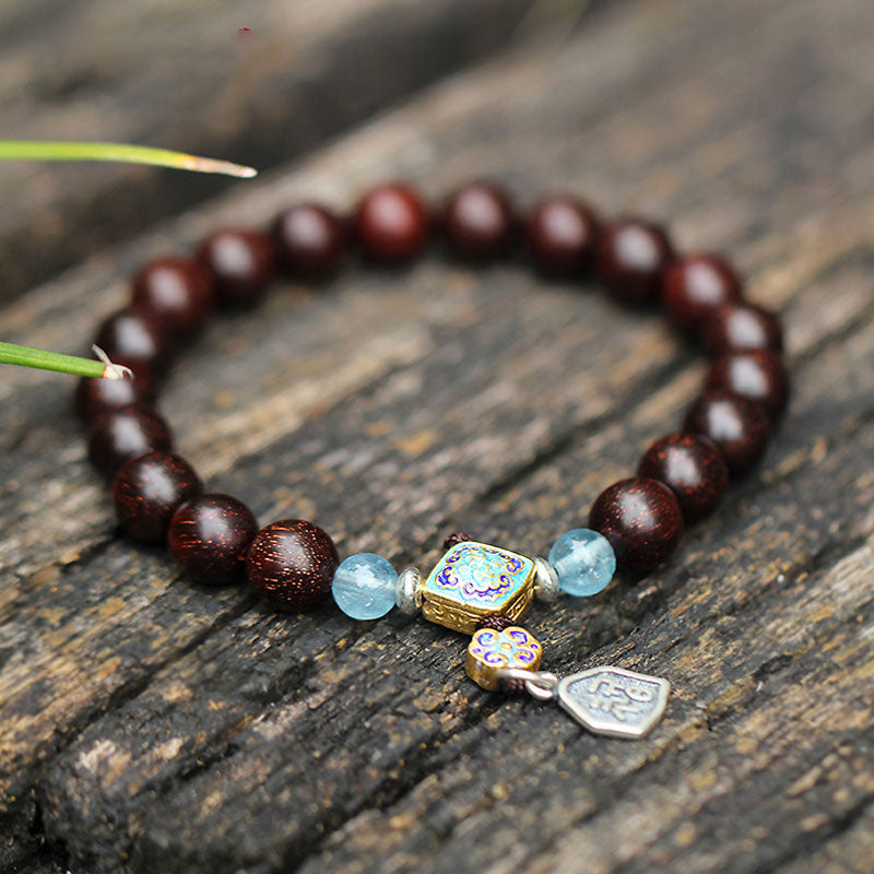 KarmaRipple's 925 Sterling Silver Indian Small Leaf Red Sandalwood Aquamarine Full of Gold Star Chinese Knotting Blessing Bracelet p1