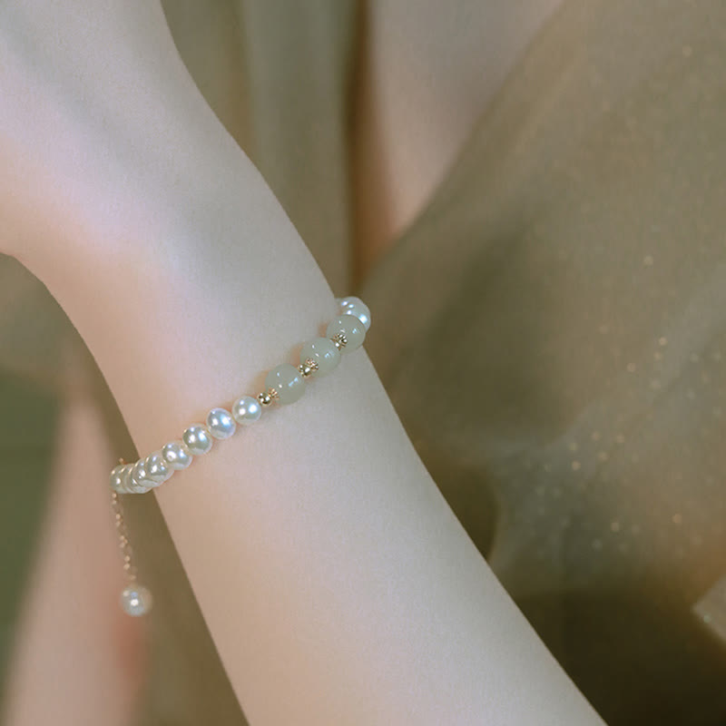 KarmaRipple's 14K Gold Plated Authentic Pearl Hetian Cyan Jade Ivory Jade Sincerity Bead Chain Bracelet p13