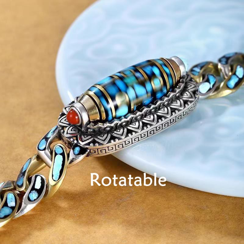KarmaRipple's Tibetan Nine-Eye Dzi Bead Om Mani Padme Hum Turquoise Protection Rotatable Bracelet p3