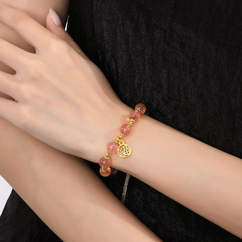 KarmaRipple's 14K Gold Plated Authentic Strawberry Quartz Fu Character Positive Talisman Bracelet p5