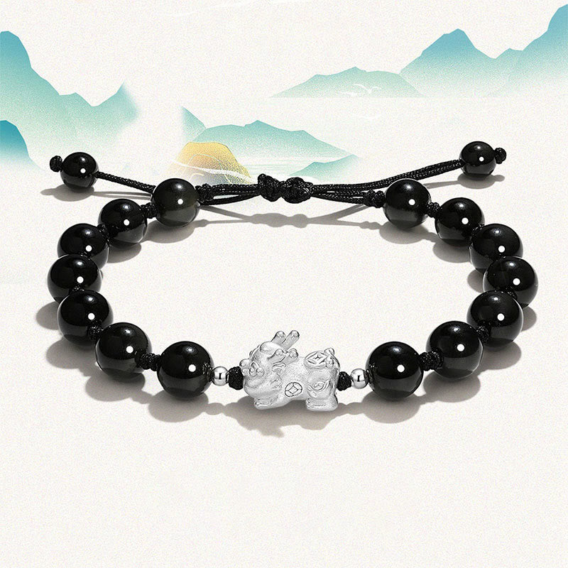 KarmaRipple's Authentic Black Obsidian Cat's Eye Pink Gemstone PiXiu Strength Bracelet p1