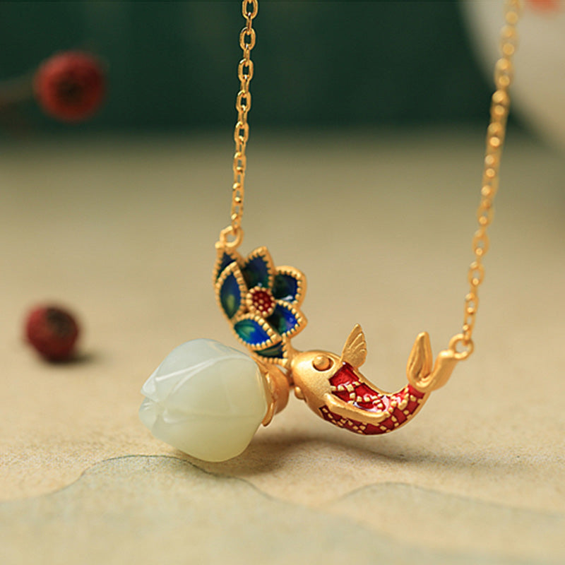 KarmaRipple's 925 Sterling Silver Ivory Jade Koi Fish Lotus Protection Pendant Necklace p3