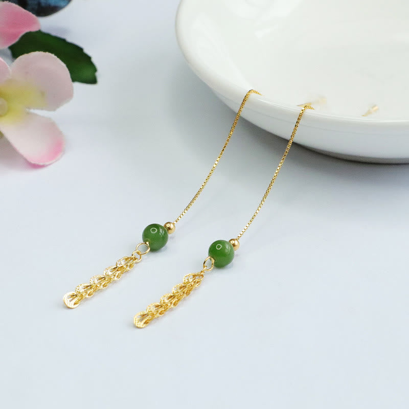 KarmaRipple's 925 Sterling Silver Authentic Hetian Cyan Jade Bead Fortune Phoenix Tail Drop Earrings p3