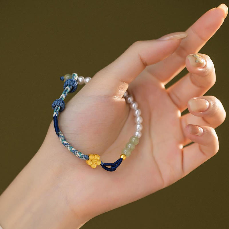 KarmaRipple's 925 Sterling Silver Hetian Jade Peach Blossom Flower Pearl Woven Fortune Bracelet p6