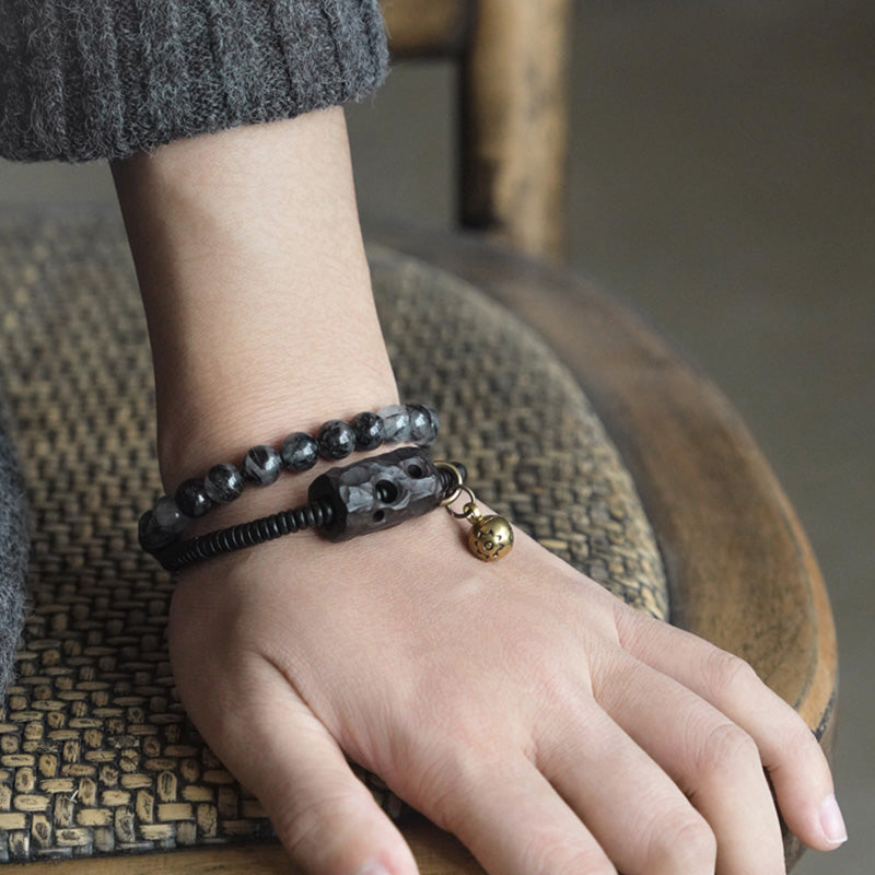 KarmaRipple's Black Rutilated Quartz Ebony Wood Bronze Wisdom Pair Bracelet p3