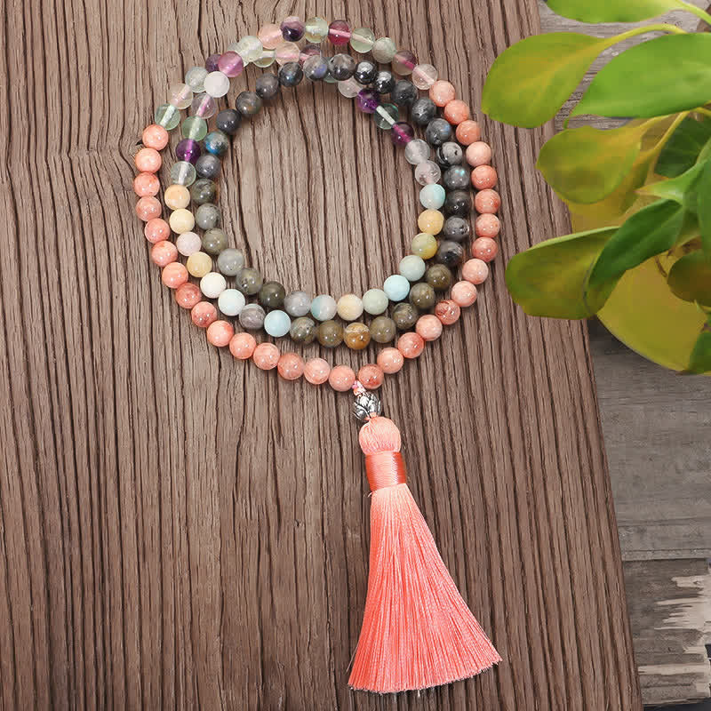 KarmaRipple's 108 Mala Beadwork Fluorite Black Glitter Stone Protection Tassel Bracelet ( p3