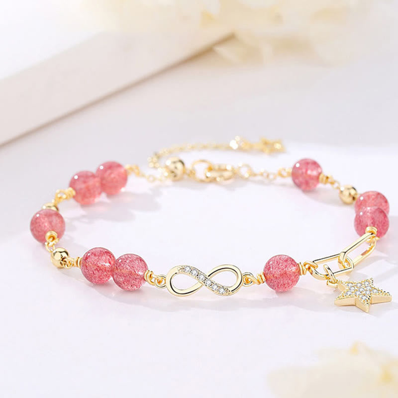 KarmaRipple's 14K Gold Plated Authentic Strawberry Quartz Moonstone M?bius Loop Eternal Love Star Positive Bracelet p16