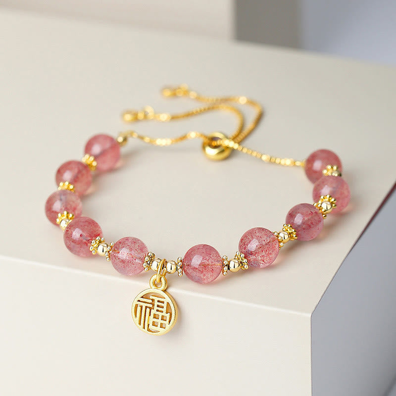 KarmaRipple's 14K Gold Plated Authentic Strawberry Quartz Fu Character Positive Talisman Bracelet p4