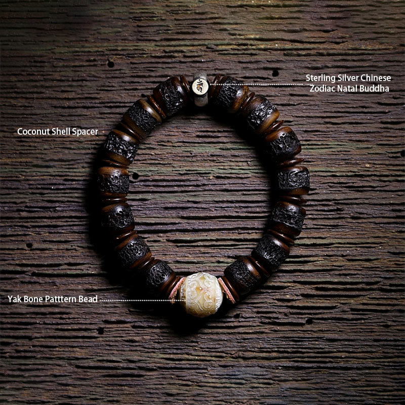 KarmaRipple's 925 Sterling Silver Chinese Zodiac Natal Buddha Handmade Tibet Yak Bone Strength Bracelet p19