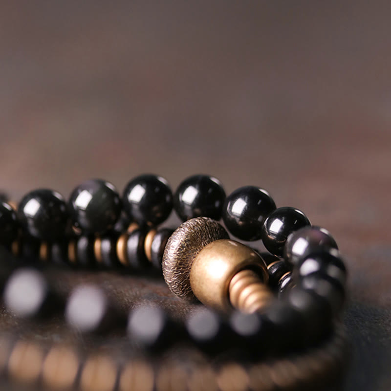 KarmaRipple's Rainbow Obsidian Ebony Wood Bronze Balancing Triple Wrap Bracelet p4