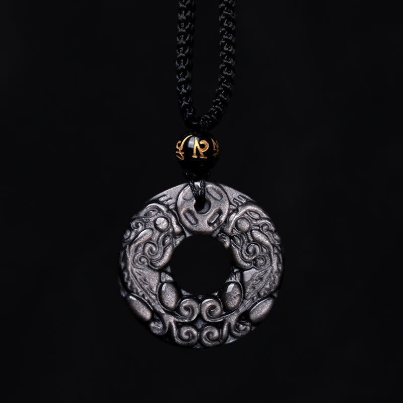 KarmaRipple's Authentic Silver Sheen Obsidian Double PiXiu Bronze Coin Peace Buckle Protection Pendant Necklace p8