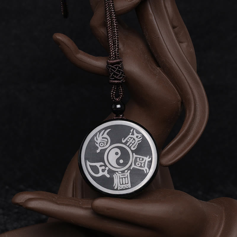 KarmaRipple's Black Obsidian Taoism Five Sacred Mountains Nine-Character Mantra Carved Purification Yin Yang Pendant Necklace p10