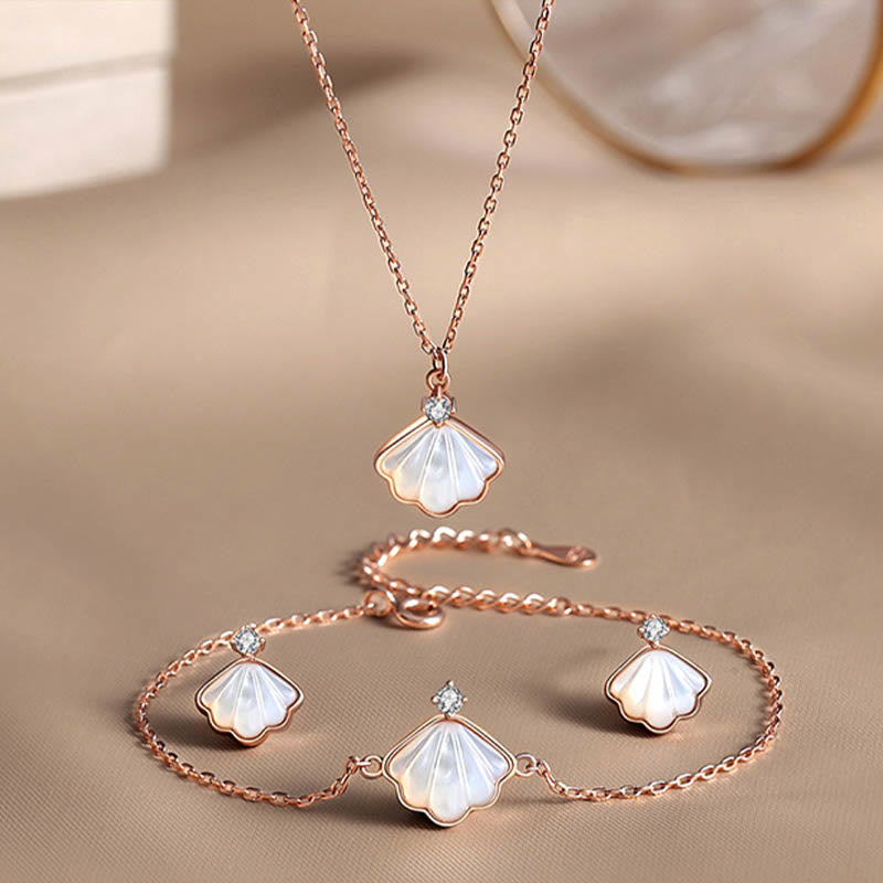 KarmaRipple's 925 Sterling Silver Tridacna Stone Shell Blessing Pendant Necklace Bracelet Earrings Jewelry Set p1