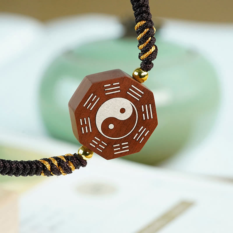 KarmaRipple's Small Leaf Red Sandalwood Jujube Wood Ebony Wood Silver Inlaid Yin Yang Bagua Big Dipper Protection Bracelet p8