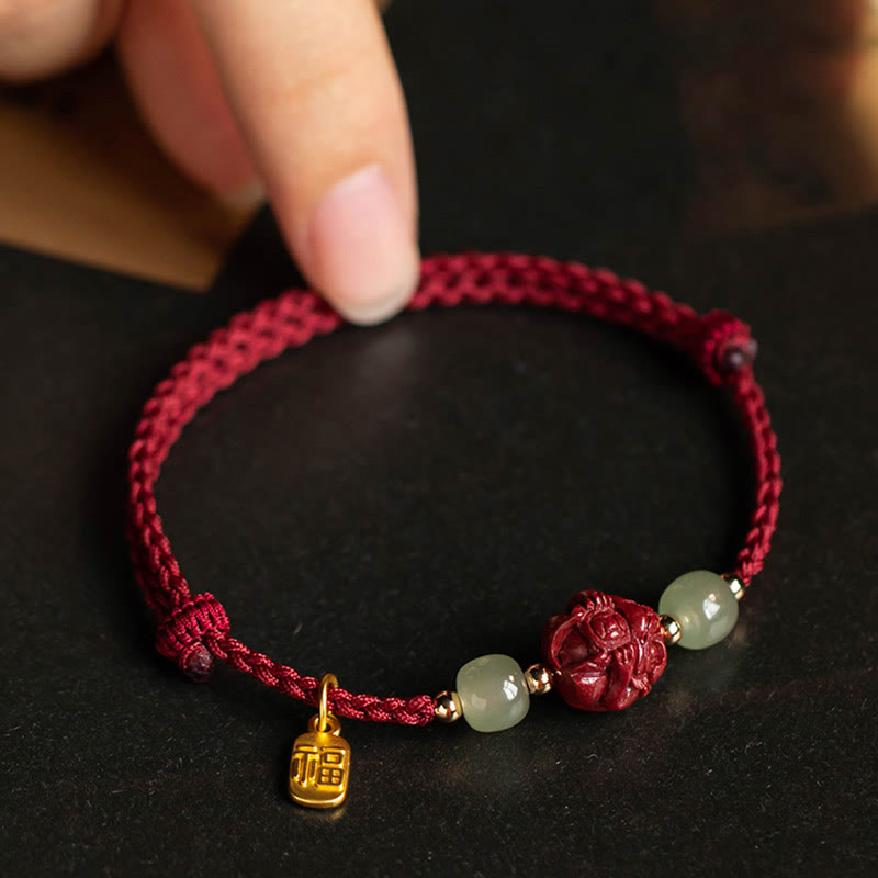 KarmaRipple's Authentic Cinnabar Chinese Zodiac Hetian Jade Fu Character Fortune Rope Bracelet p16