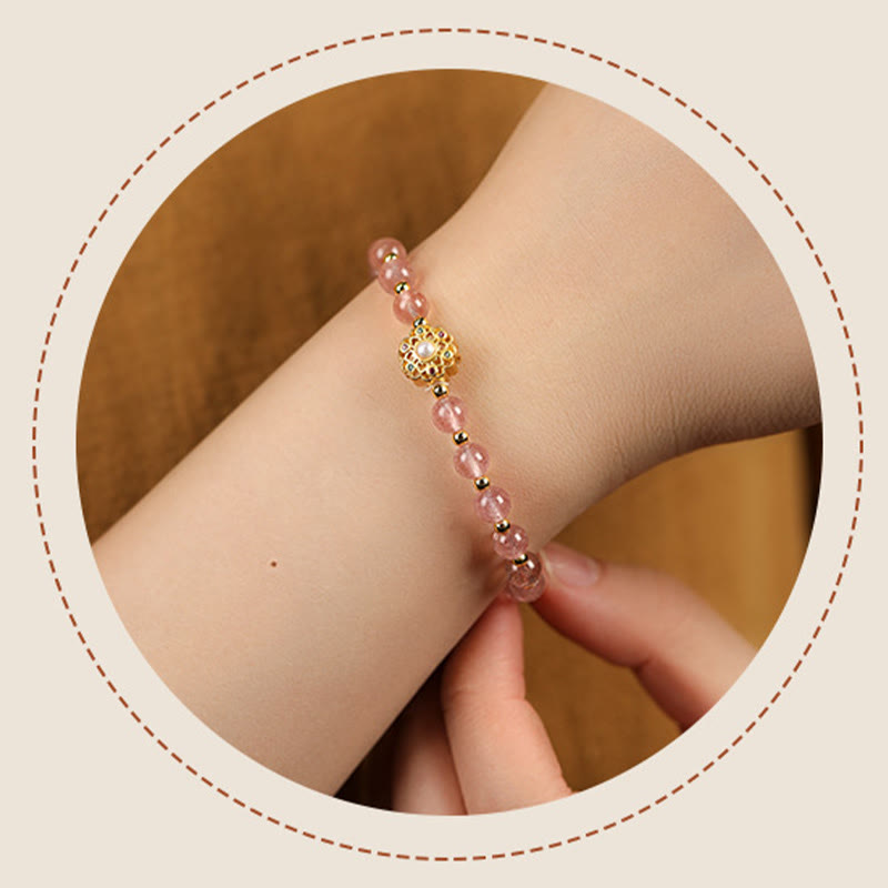 KarmaRipple's 14K Gold Plated Authentic Strawberry Quartz Labradorite Sun Stone Fu Character Positive Talisman Bracelet p5