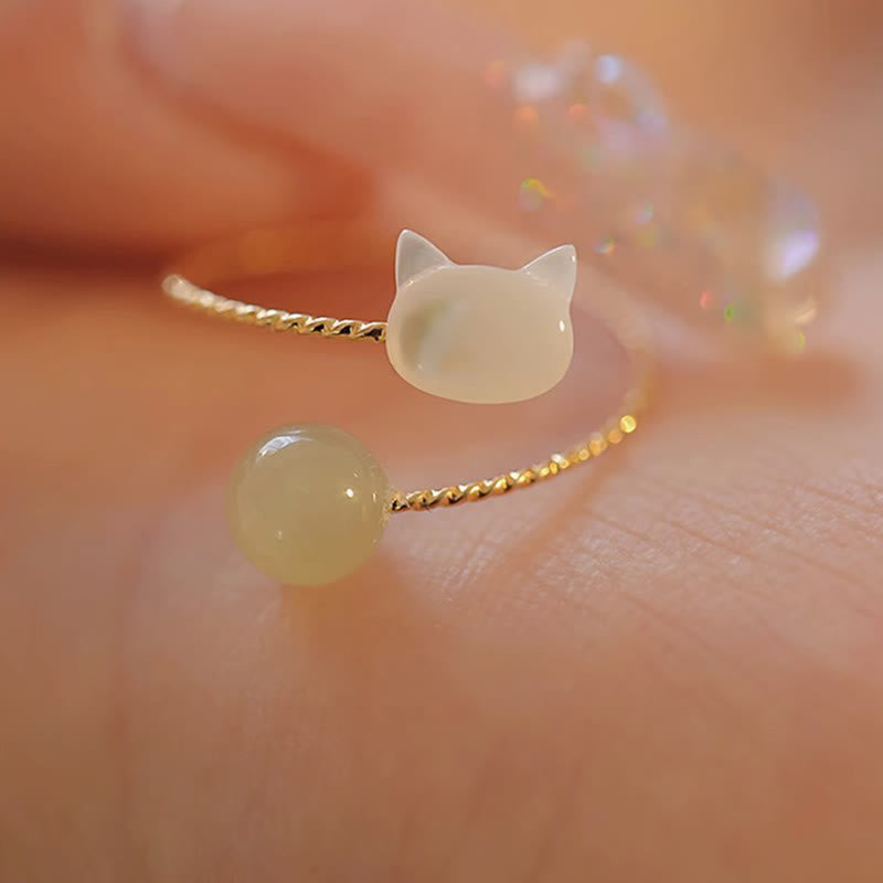 KarmaRipple's Tridacna Stone Cat Head Jade Bead Blessing Ring p1