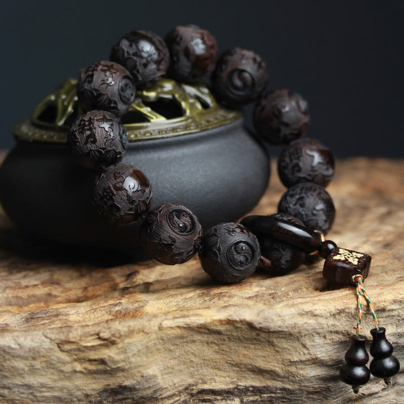 KarmaRipple's Ebony Wood Chinese Character Yin Yang Engraved Gourd Balance Bracelet p2