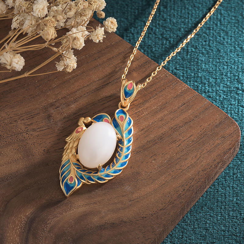 KarmaRipple's Ivory Jade Peacock Bronze Blessing Pendant Necklace p3