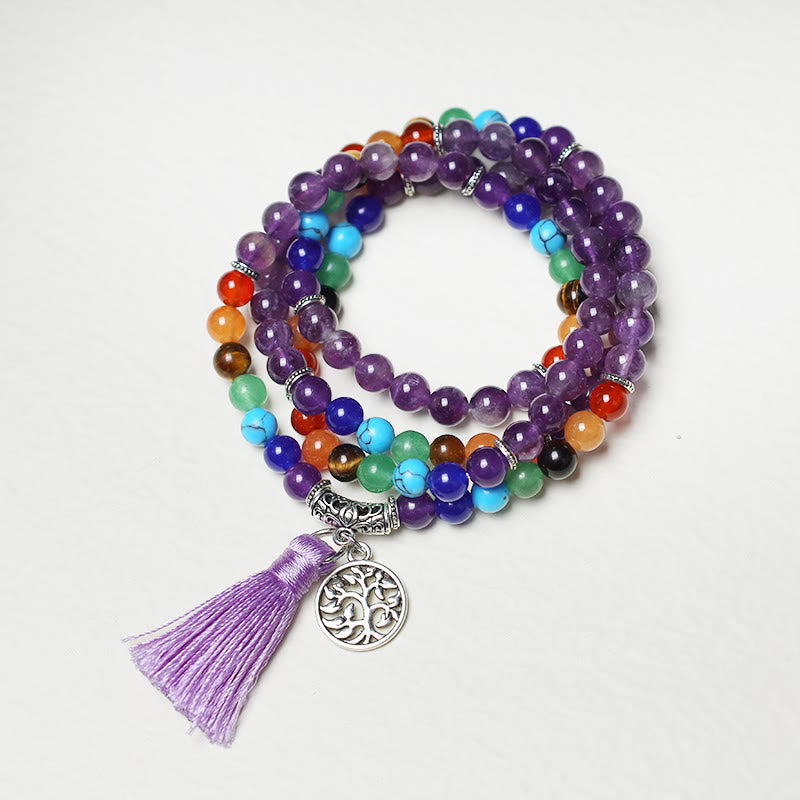 KarmaRipple's Balancing Gemstone Mala Prayer Beadwork 108 Meditation Balancing Multilayer Bracelet Pendant p4