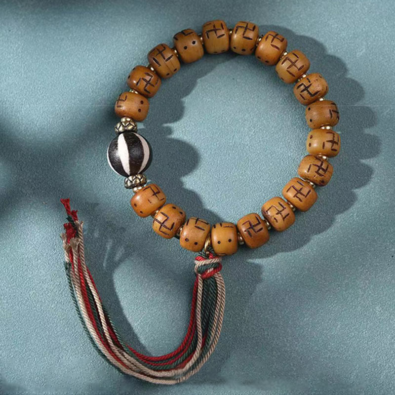 KarmaRipple's Authentic Tibetan Camel Bone Swastika Dzi Bead Shankha Buddha Talisman Kirtimukha Fortune Protection Tassel Bracelet p12
