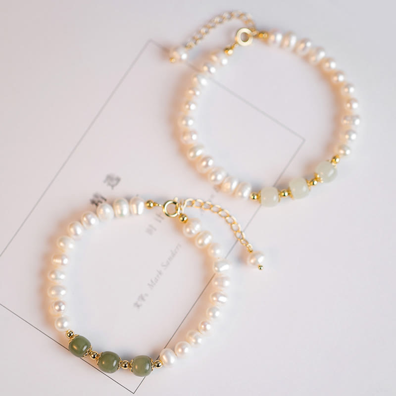KarmaRipple's 14K Gold Plated Authentic Pearl Hetian Cyan Jade Ivory Jade Sincerity Bead Chain Bracelet p11
