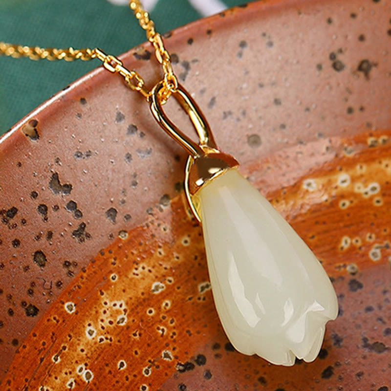 KarmaRipple's 925 Sterling Silver Plated Gold Authentic Hetian Jade Magnolia Flower Abundance Pendant Necklace p5