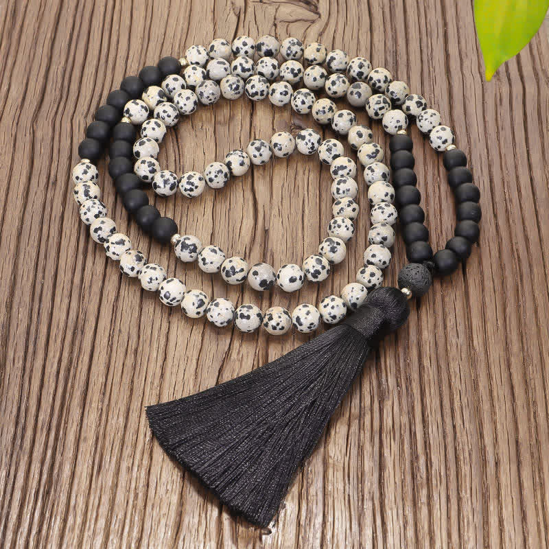 KarmaRipple's 108 Mala Beadwork Zebra Jasper Frosted Stone Protection Tassel Bracelet ( p8