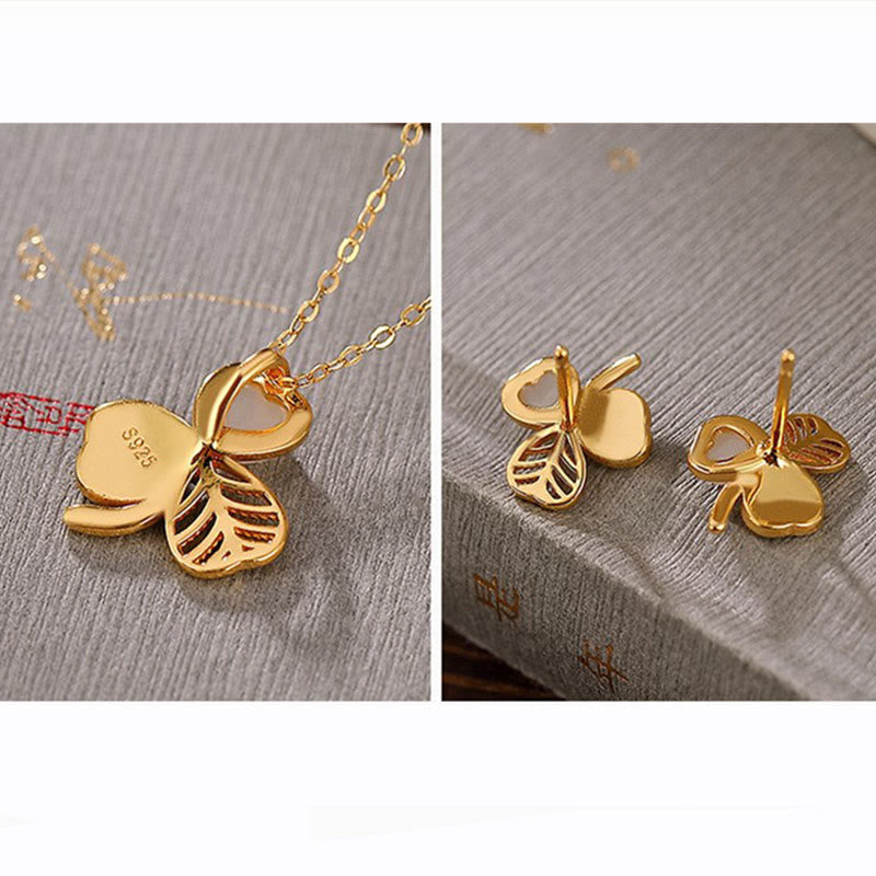 KarmaRipple's 925 Sterling Silver Plated Gold Hetian Jade Fortune Shamrock Clover Pendant Necklace Earrings p9