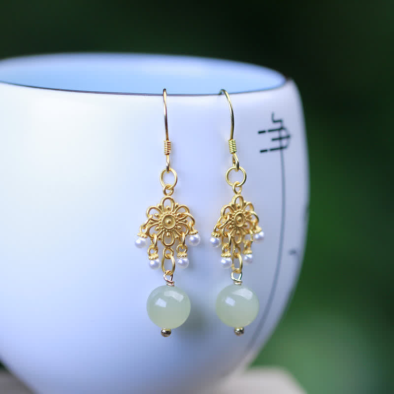 KarmaRipple's Hetian Jade Flower Pattern 14K Gold Plated Fortune Drop Dangle Earrings p2