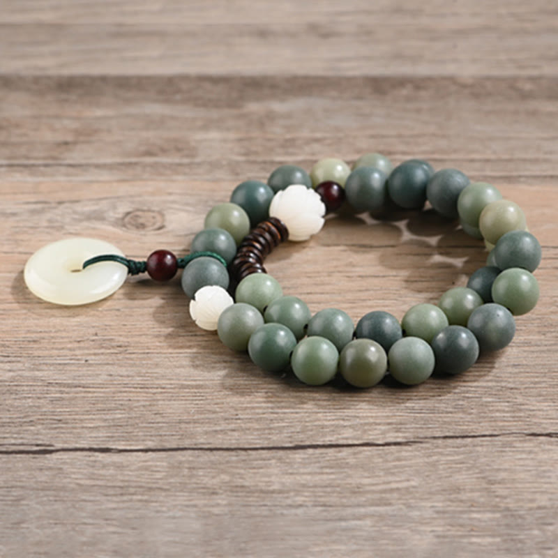 KarmaRipple's Cyan Bodhi Seed Lotus Jade Peace Buckle Wisdom Double Wrap Bracelet p11