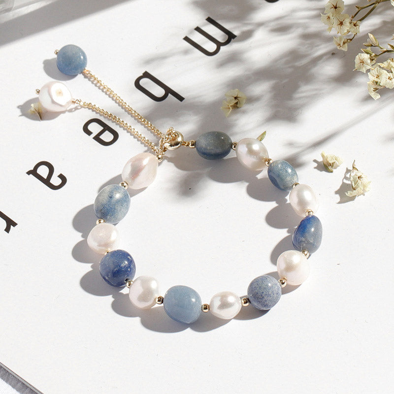 KarmaRipple's Authentic Blue Aventurine Gemstone Pearl Bead Balancing Bracelet p1