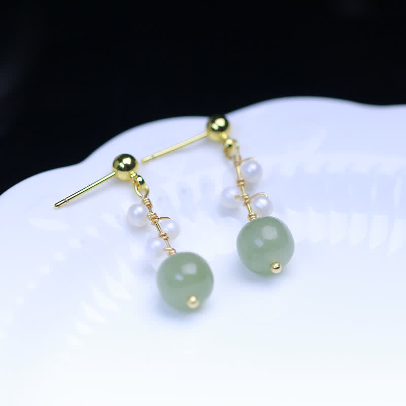 KarmaRipple's Hetian Jade Flower Pattern 14K Gold Plated Fortune Drop Dangle Earrings p7
