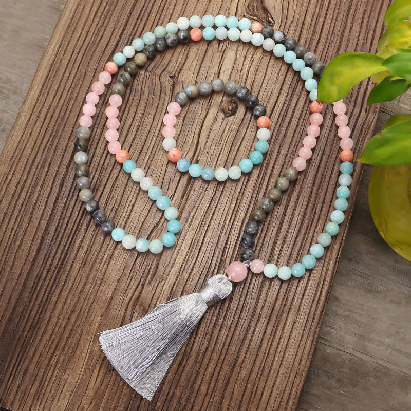 KarmaRipple's 108 Mala Beadwork Amazonite Black Glitter Stone'sitive Tassel Bracelet ( p3