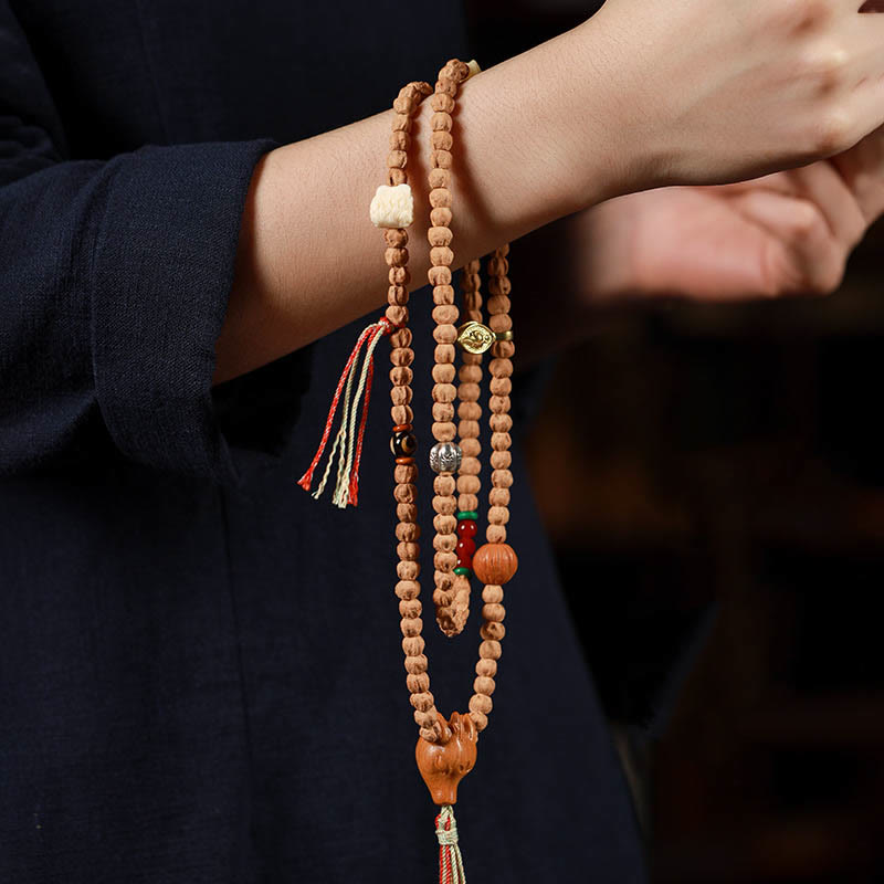 KarmaRipple's 108 Beadwork Bodhi Seed Red Agate Deer Head Wisdom Mala Bracelet p9