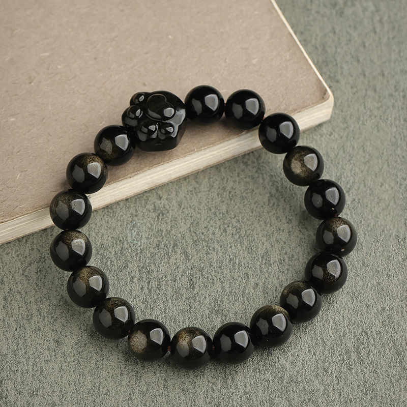 KarmaRipple's Gold Sheen Obsidian Silver Sheen Obsidian Lovely Paw Fortunate Cat Protection Bracelet p48
