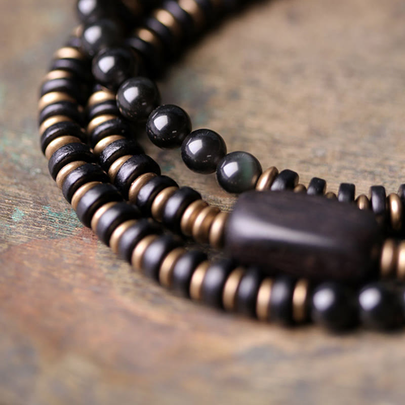 KarmaRipple's Rainbow Obsidian Ebony Wood Bronze Balancing Triple Wrap Bracelet p13