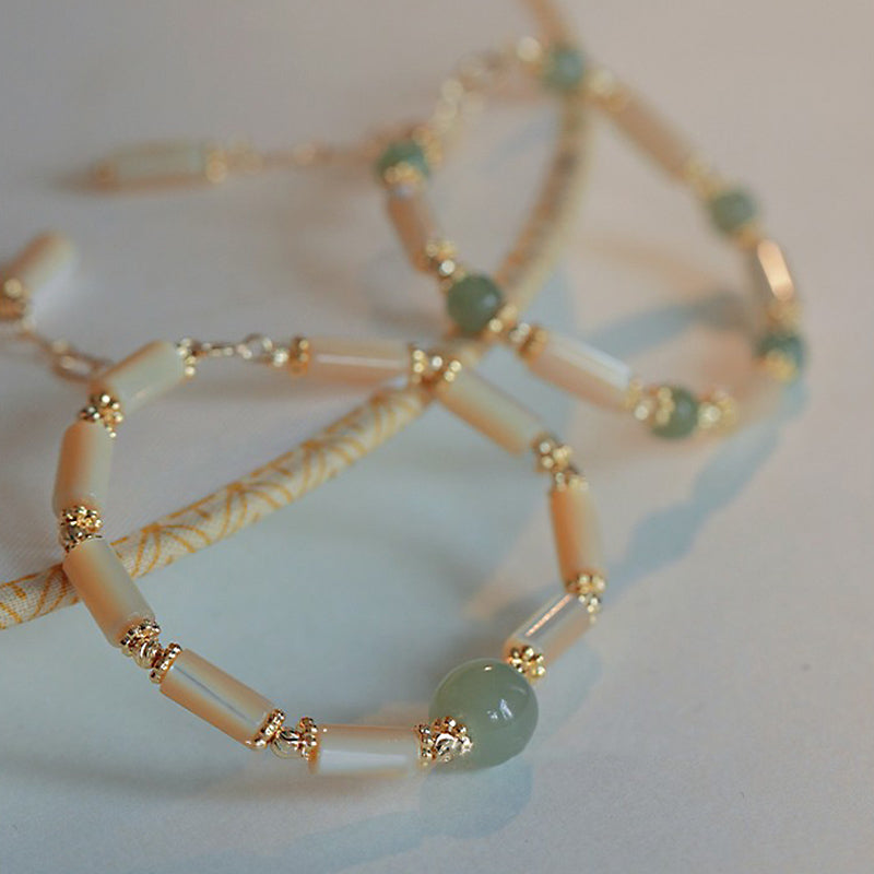 KarmaRipple's 14K Gold Plated Tridacna Stone Hetian Jade Bead Bamboo Pattern Bracelet p6