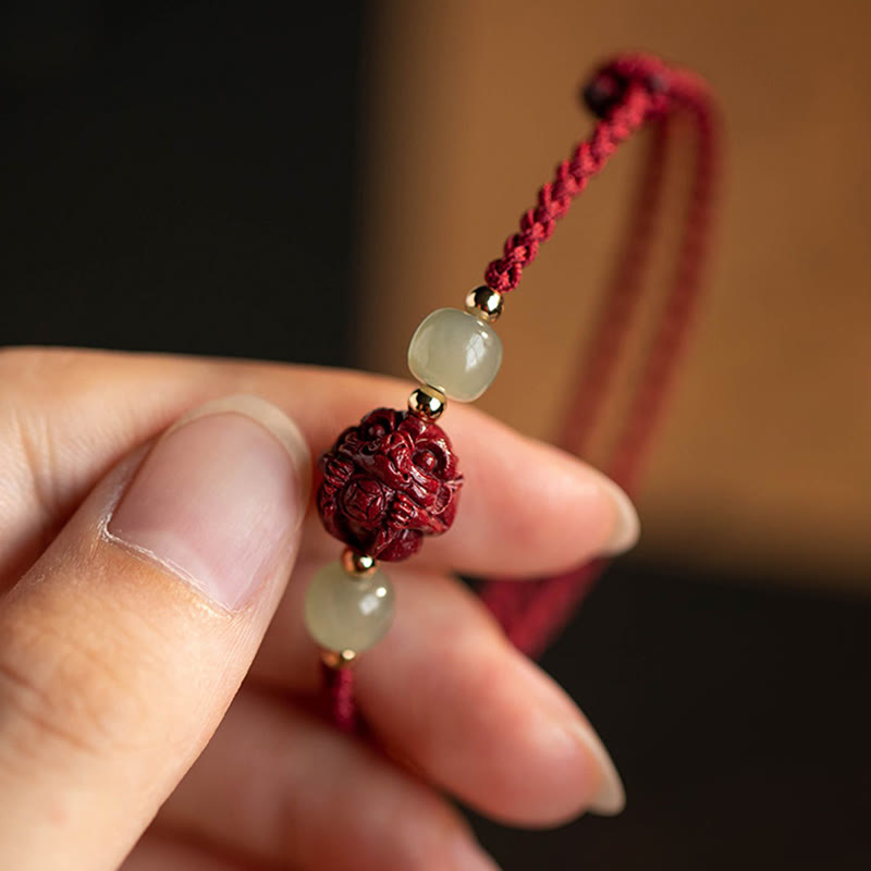 KarmaRipple's Authentic Cinnabar Chinese Zodiac Hetian Jade Fu Character Fortune Rope Bracelet p18