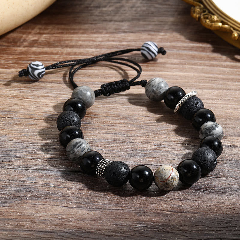 KarmaRipple's Vintage Lava Rock Black Obsidian Picasso Jasper Beadwork Support Rope Bracelet p4