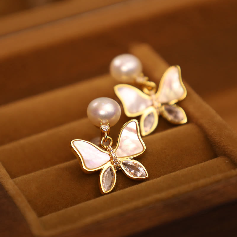 KarmaRipple's 18K Gold Plated Bronze Authentic Shell Pearl Butterfly Sincerity Stud Earrings p7