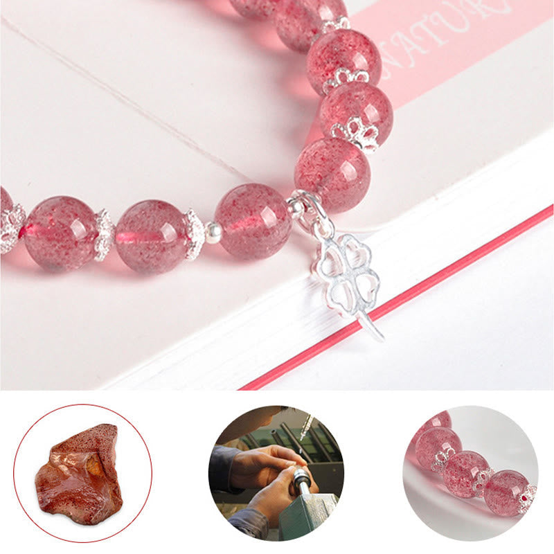 KarmaRipple's 925 Sterling Silver Strawberry Quartz Four Leaf Clover Love Bracelet p8