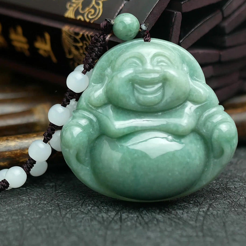 KarmaRipple's Laughing Buddha Cyan Jade Balance Pendant String Bead Necklace p2