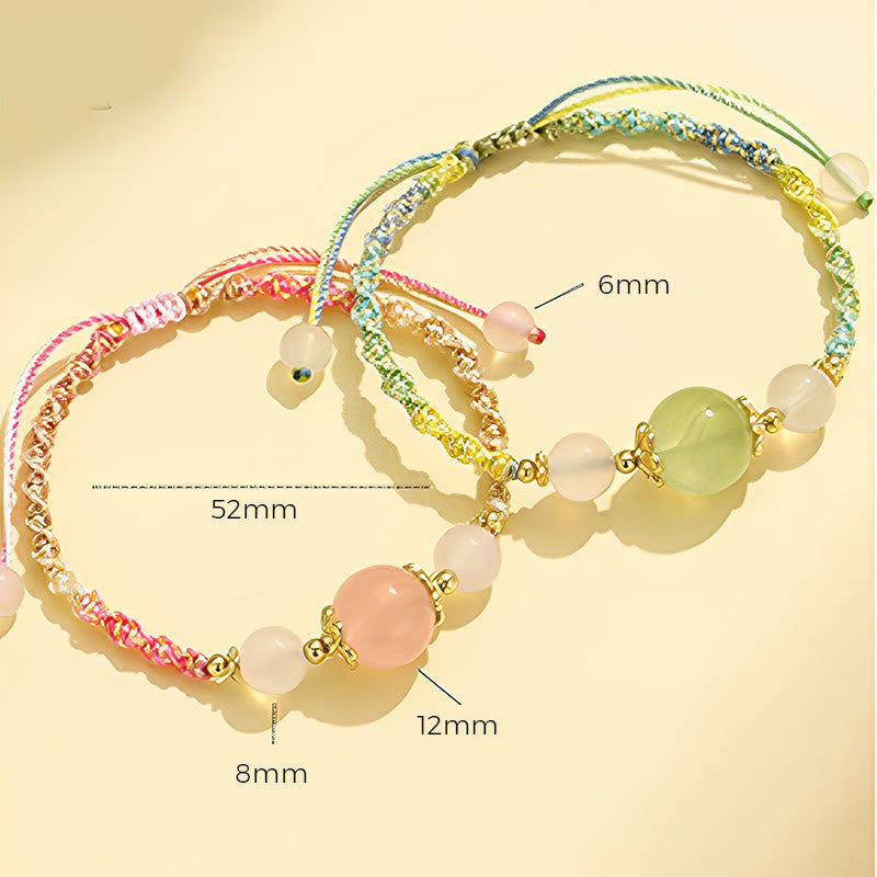 KarmaRipple's Strawberry Quartz Pink Gemstone Prehnite Ivory Agate Bead Balancing Rope Bracelet p17