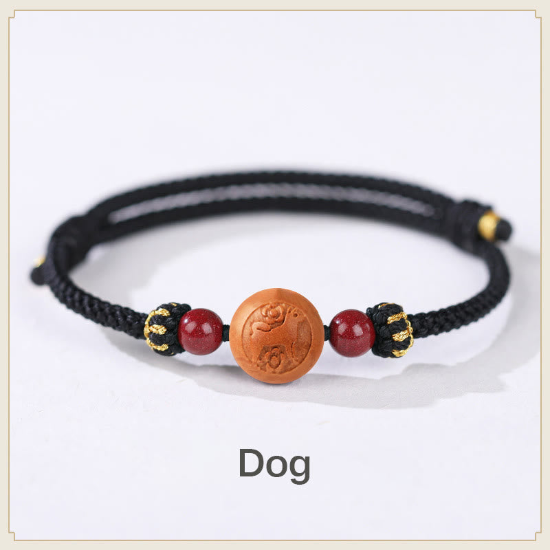 KarmaRipple's Authentic Peach Wood Chinese Zodiac Fu Character Carved Cinnabar Wealth Bracelet p18