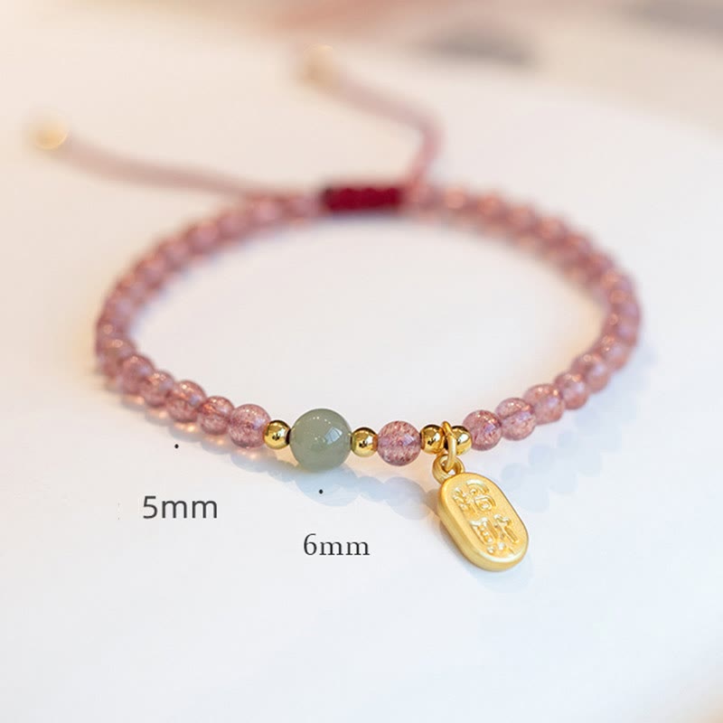 KarmaRipple's Authentic Strawberry Quartz Garnet Jade Fortunate Fortune Fu Character Balancing Talisman Bracelet p10
