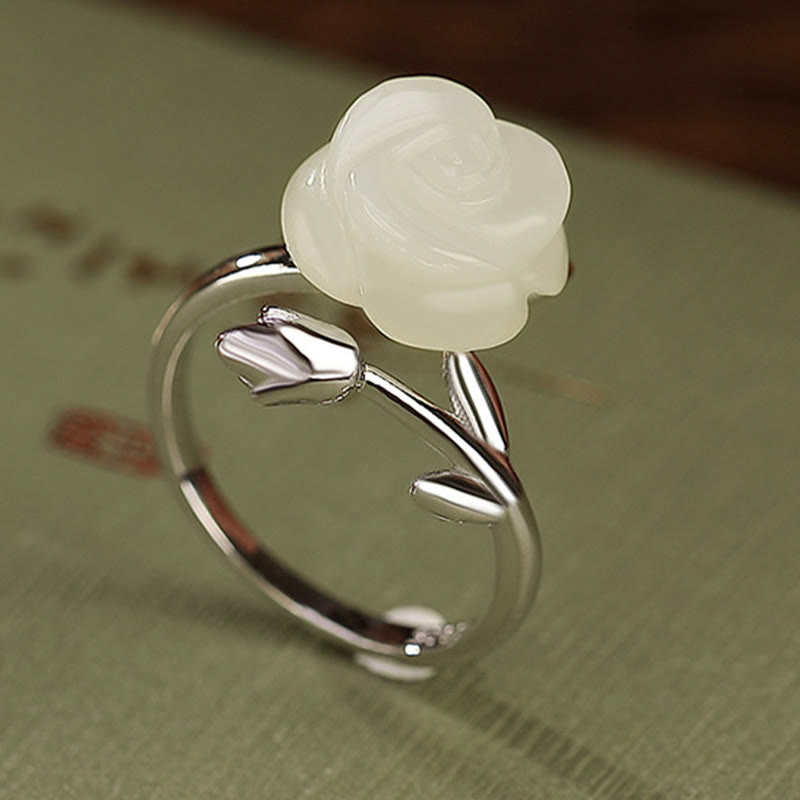 KarmaRipple's 925 Sterling Silver Plated Gold Rose Flower Hetian Ivory Jade Happiness Ring p10
